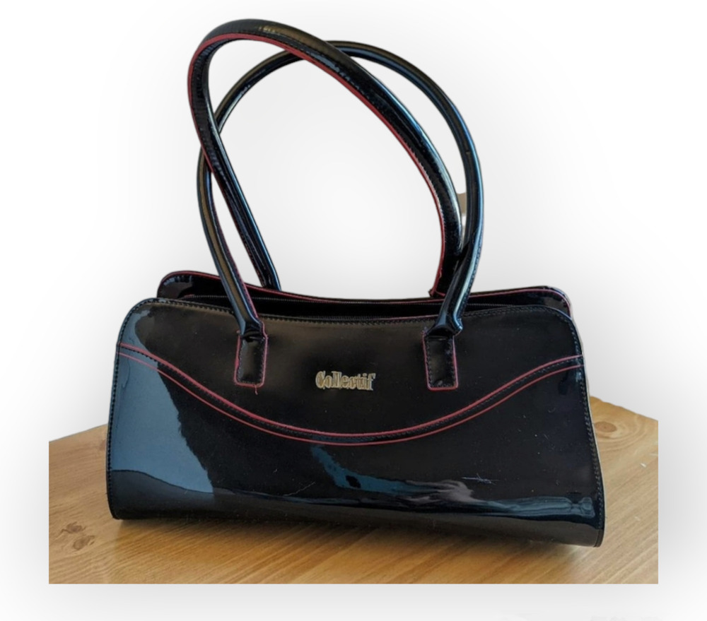 Collectif London 1950s Inspired Black Patent Leather Top Handle Barrel Bag Purse